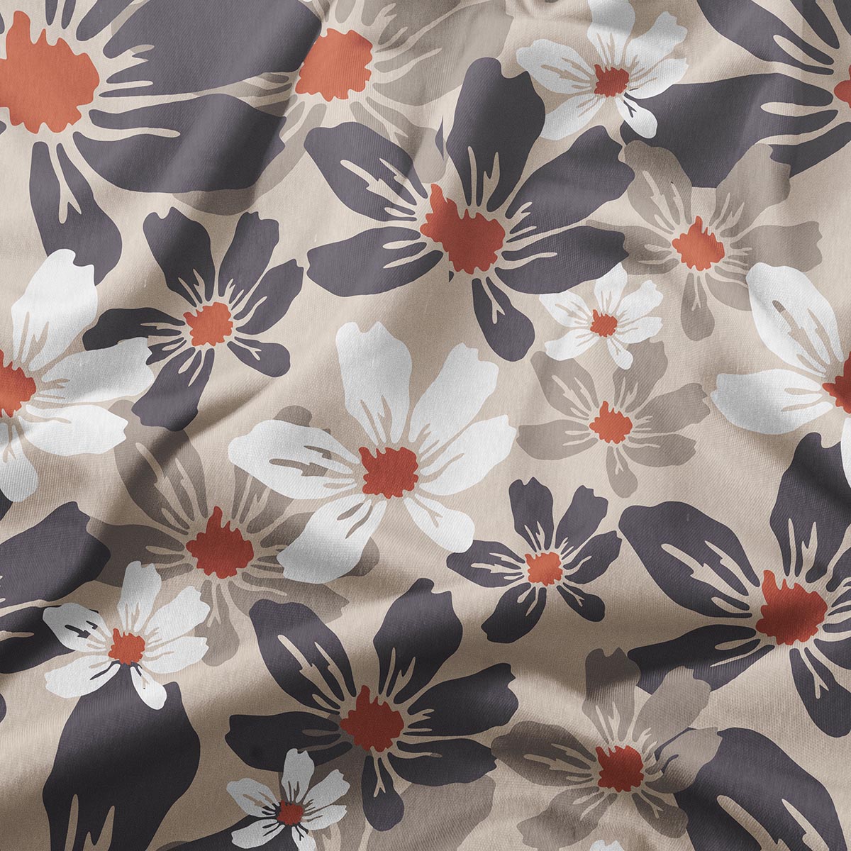 zbliżenie na tkaninę z detalem kwiatowego nadruku, widoczne grafitowe płatki i pomarańczowe środki