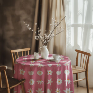 aranżacja stołu z wazonem i filiżanką na obrusie w drobne stokrotki