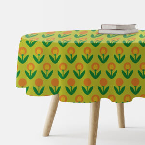 okrągły obrus z retro wzorem tulipanów na limonkowym tle, ujęcie główne stołu