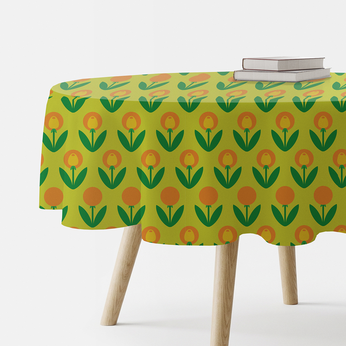 okrągły obrus z retro wzorem tulipanów na limonkowym tle, ujęcie główne stołu