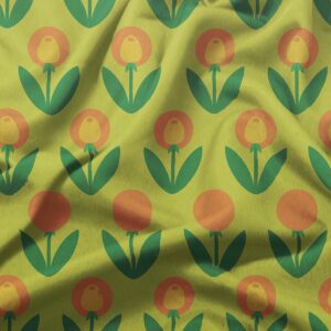 detal tkaniny z geometrycznymi tulipanami pokazujący fakturę i nasycone kolory