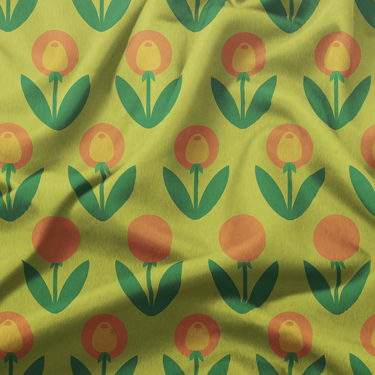 detal tkaniny z geometrycznymi tulipanami pokazujący fakturę i nasycone kolory