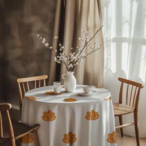 aranżacja stołu z obrusem, wazonem z gałązkami i naturalnymi krzesłami