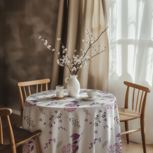 aranżacja stołu z wazonem i filiżanką na obrusie z motywem gałązek i serduszek w przytulnym wnętrzu