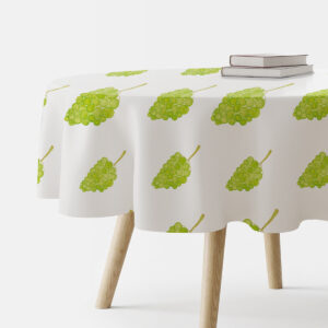 okrągły obrus na stole z wzorem akwarelowych kiści winogron widok boczny