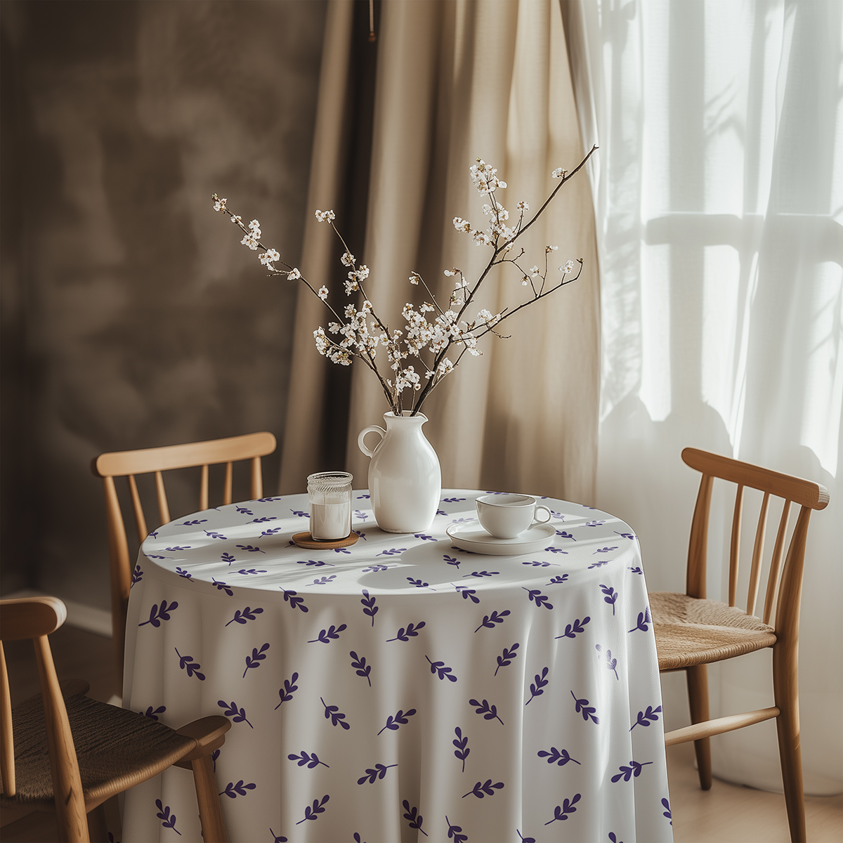 aranżacja stołu z obrusem, wazonem z gałązkami i filiżanką na tle jasnego wnętrza