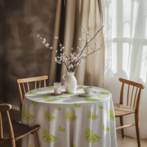 aranżacja stołu z obrusem limonkowe plasterki, wazon z gałązkami i filiżanką