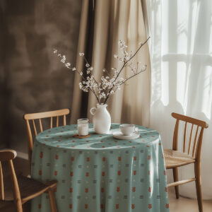 Aranżacja stołu z wazonem i filiżanką na miętowym obrusie z geometrycznym wzorem