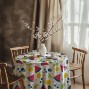 aranżacja stołu z wazonem na obrusie w owocowy wzór w przytulnym wnętrzu
