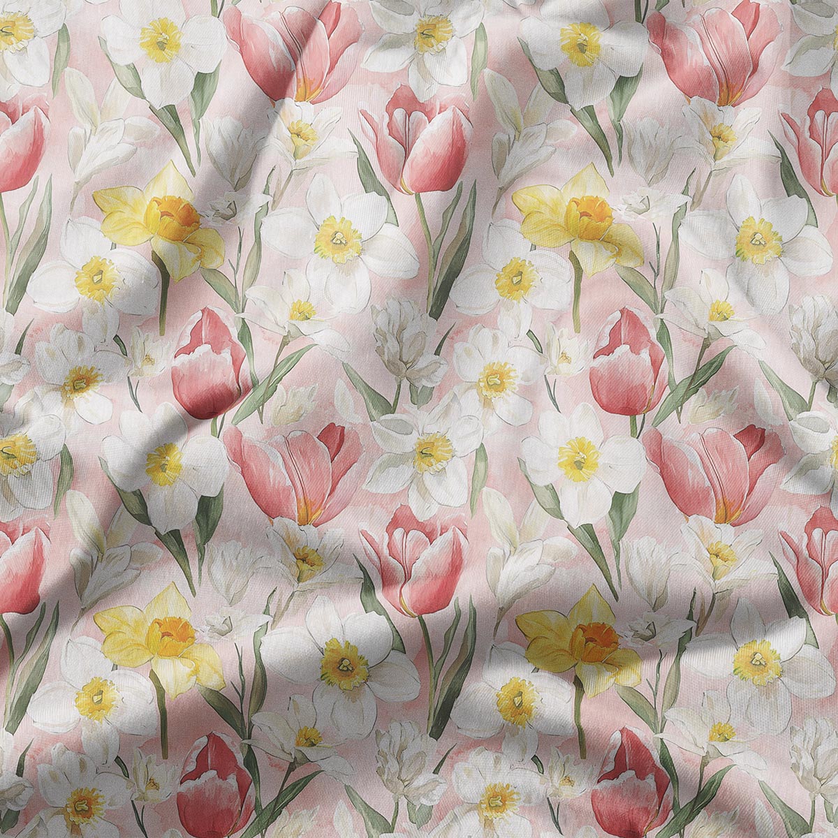 zbliżenie na akwarelowy wzór tulipanów i narcyzów oraz fakturę tkaniny