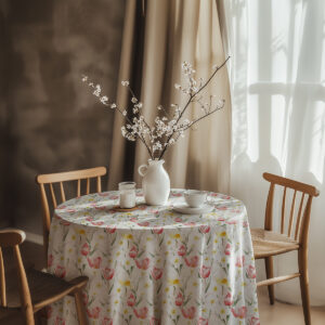 aranżacja stołu z wazonem gałązek i śniadaniem na świątecznym obrusie