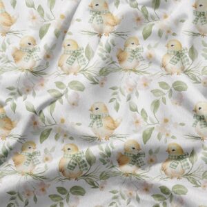 zbliżenie na wzór z kurczaczkiem w zielonej kokardce i akwarelowymi listkami