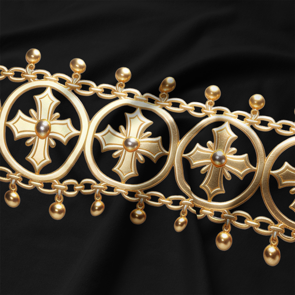 zbliżenie na złoty ornament w kształcie krzyża i łańcucha na czarnym materiale