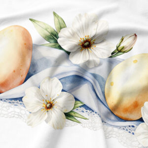 Zbliżenie na akwarelowe pisanki i delikatne białe kwiaty z koronkowym motywem na tkaninie