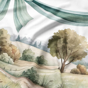 Zbliżenie detalu: miętowa kokarda i malowany krajobraz na tkaninie