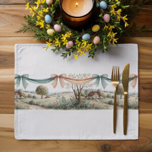 Podkładka ułożona na drewnianym stole ze świecami i świąteczną dekoracją, widok aranżacji