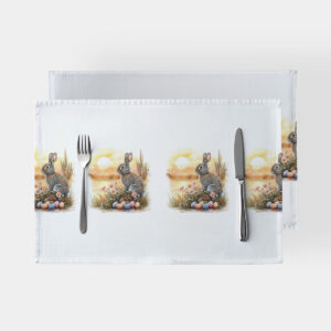 Podkładki na stół z motywem zajączka i pisankami, widok z góry z sztućcami