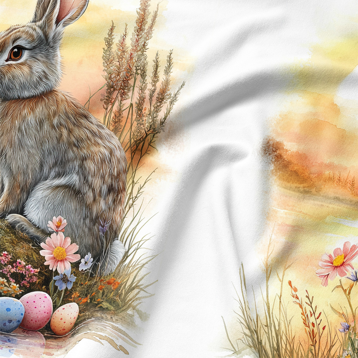 Zbliżenie na detal ilustracji: zajączek, kwiaty i kolorowe pisanki na tkaninie