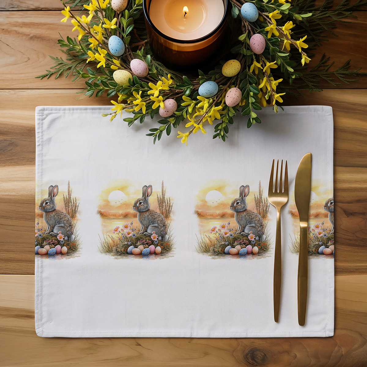 Podkładka ułożona na drewnianym stole z dekoracyjnym wieńcem i świecami