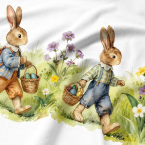 Zbliżenie na ilustrowane zajączki i polne kwiaty drukowane na tkaninie