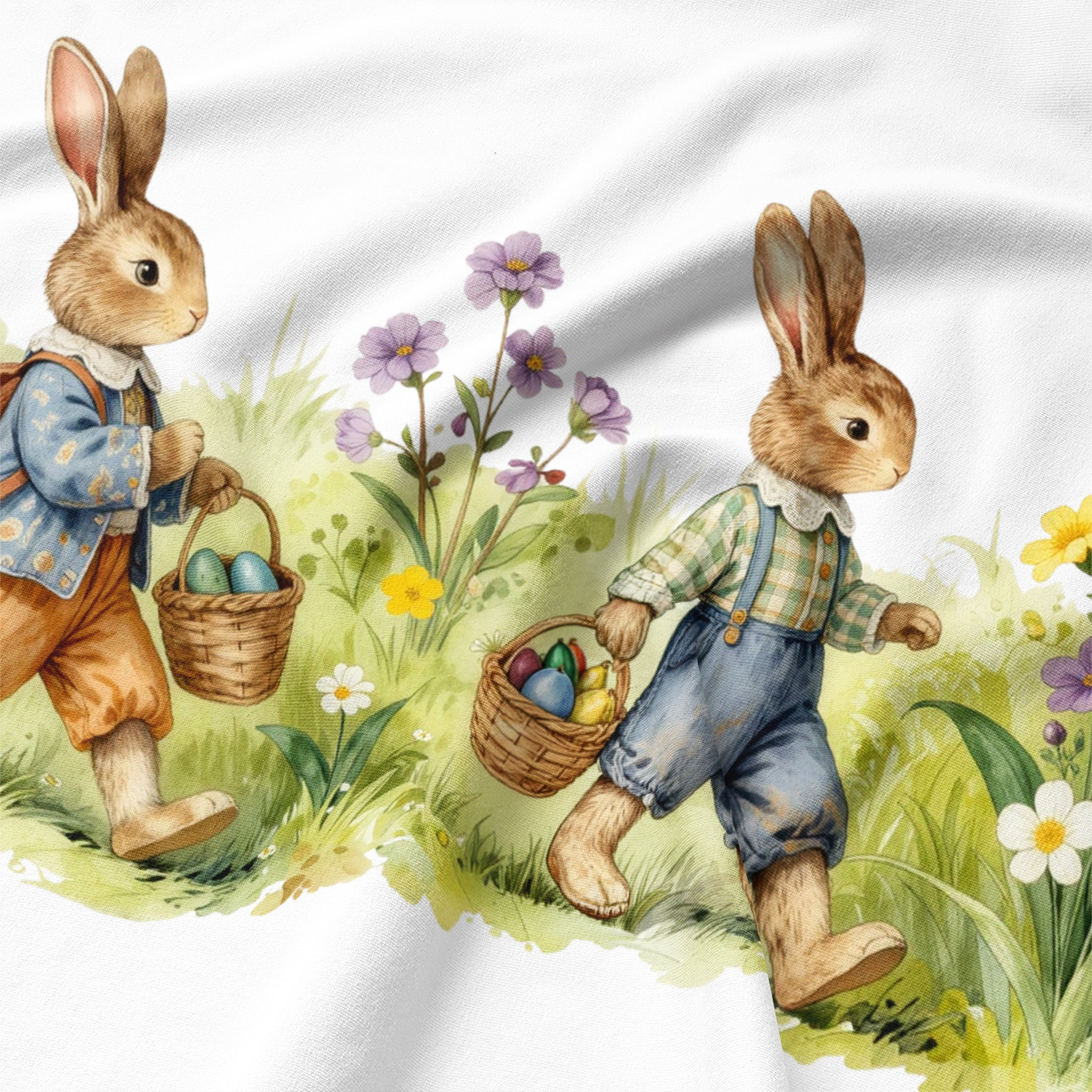 Zbliżenie na ilustrowane zajączki i polne kwiaty drukowane na tkaninie