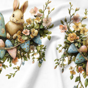 zbliżenie na detal wzoru zajączka i pastelowych kwiatów nadrukowanych na tkaninie