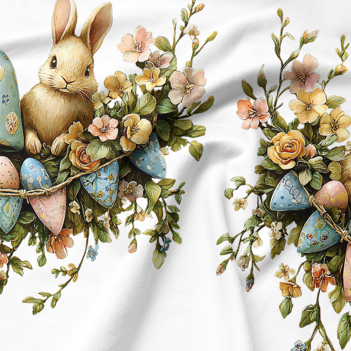 zbliżenie na detal wzoru zajączka i pastelowych kwiatów nadrukowanych na tkaninie