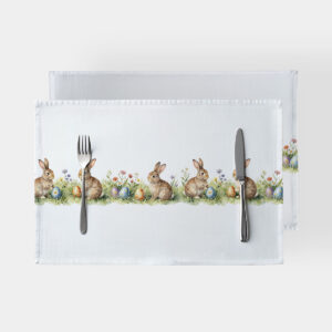 Dwie białe podkładki z nadrukiem zajączków i kolorowych pisanek ułożone jedna na drugiej, widok z góry