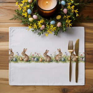 Podkładka w aranżacji stołu z dekoracyjnym wieńcem, świecą i sztućcami, tworząca świąteczny nastrój