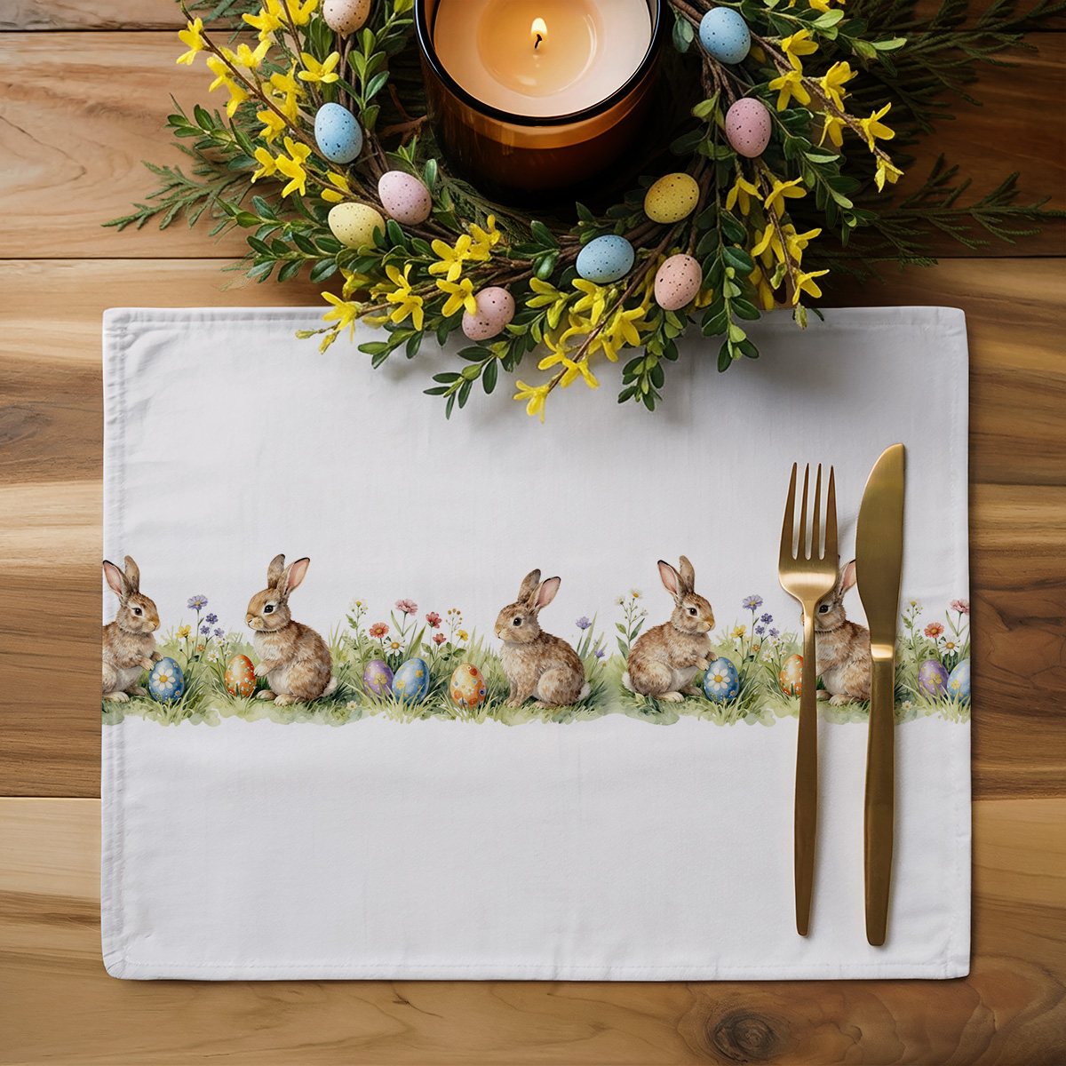 Podkładka w aranżacji stołu z dekoracyjnym wieńcem, świecą i sztućcami, tworząca świąteczny nastrój