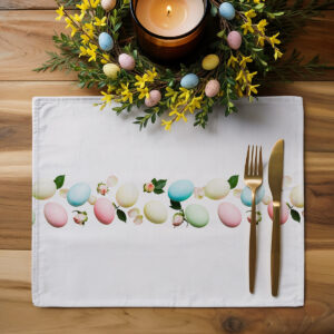 Aranżacja stołu z podkładką, wianuszkiem z pisanek i zapaloną świecą