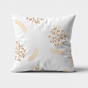 Poduszka dekoracyjna na białym tle z delikatnym złotym wzorem gałązek i listków — widok z przodu
