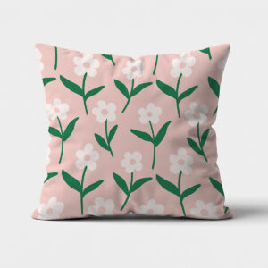 Kwadratowa poduszka dekoracyjna z różowym tłem i wzorem białych stokrotek na neutralnym tle