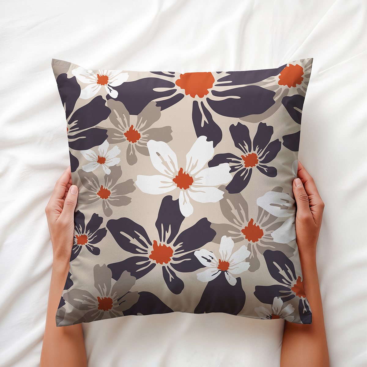 Zbliżenie na wzór i fakturę tkaniny z białymi i grafitowymi płatkami oraz ceglastymi środkami