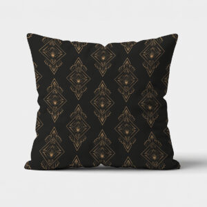 Czarna poduszka z geometrycznym złotym wzorem art deco, ujęcie frontalne