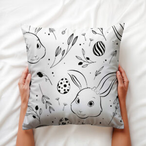 dłonie trzymające poduszkę z motywem króliczków i pisanek, ujęcie z góry