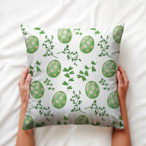 Zbliżenie na wzór z zielonymi pisankami i drobnymi różowymi kwiatuszkami