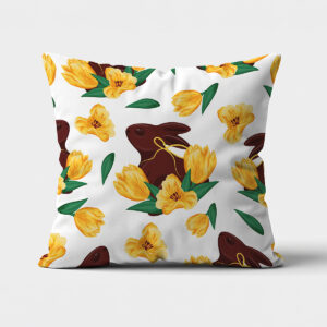 Poduszka z motywem czekoladowego zająca i żółtych tulipanów na białym tle — widok z przodu
