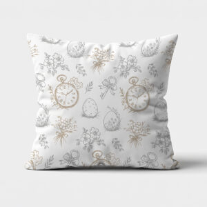Poduszka z wzorem zegarków, pisanek i bukiecików na jasnym tle - główne ujęcie produktu
