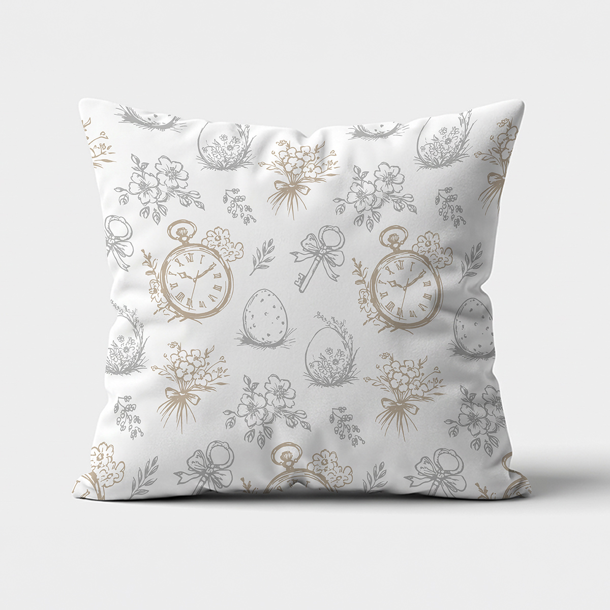 Poduszka z wzorem zegarków, pisanek i bukiecików na jasnym tle - główne ujęcie produktu