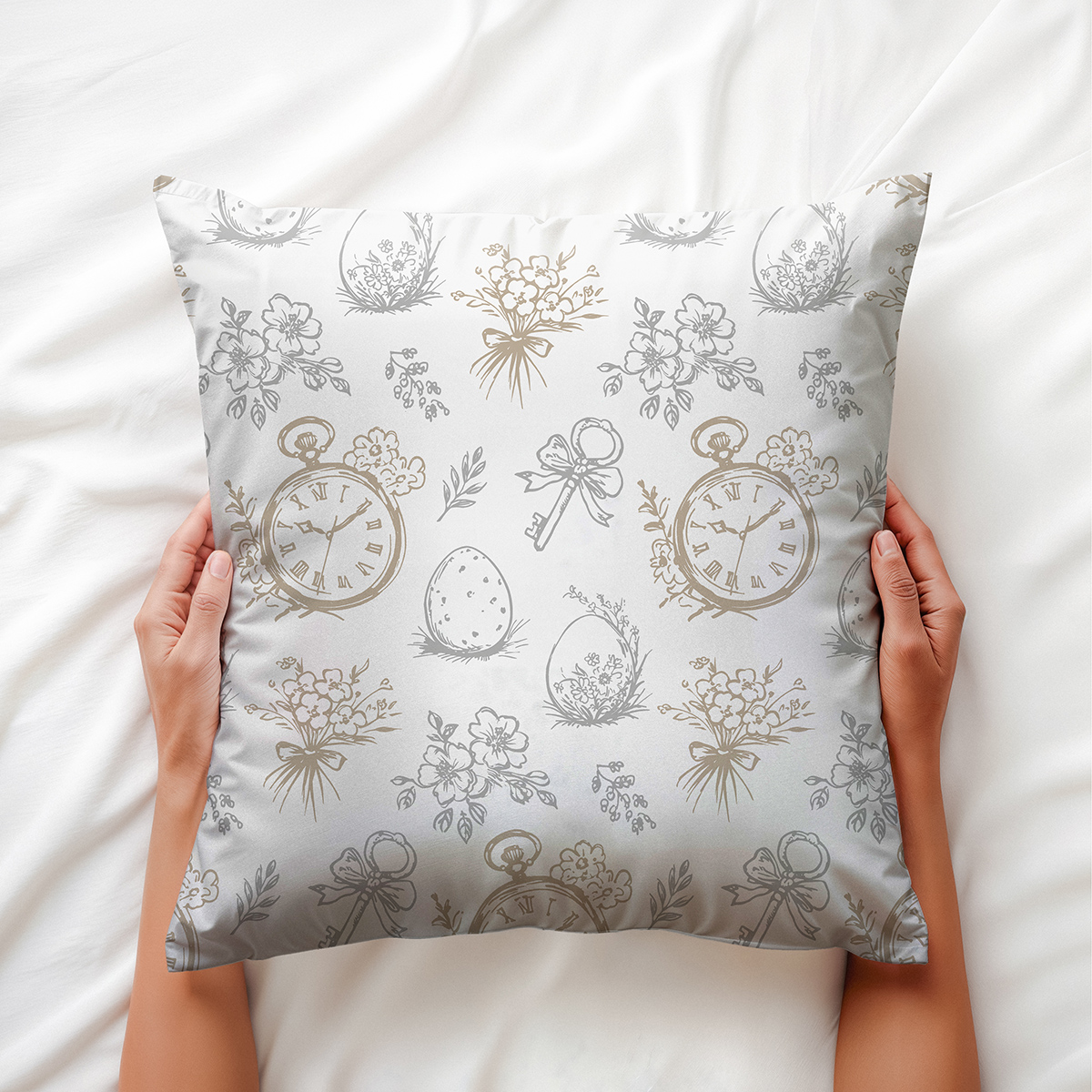 Zbliżenie na poduszkę trzymaną w dłoniach, widoczne detale zegarków i bukiecików