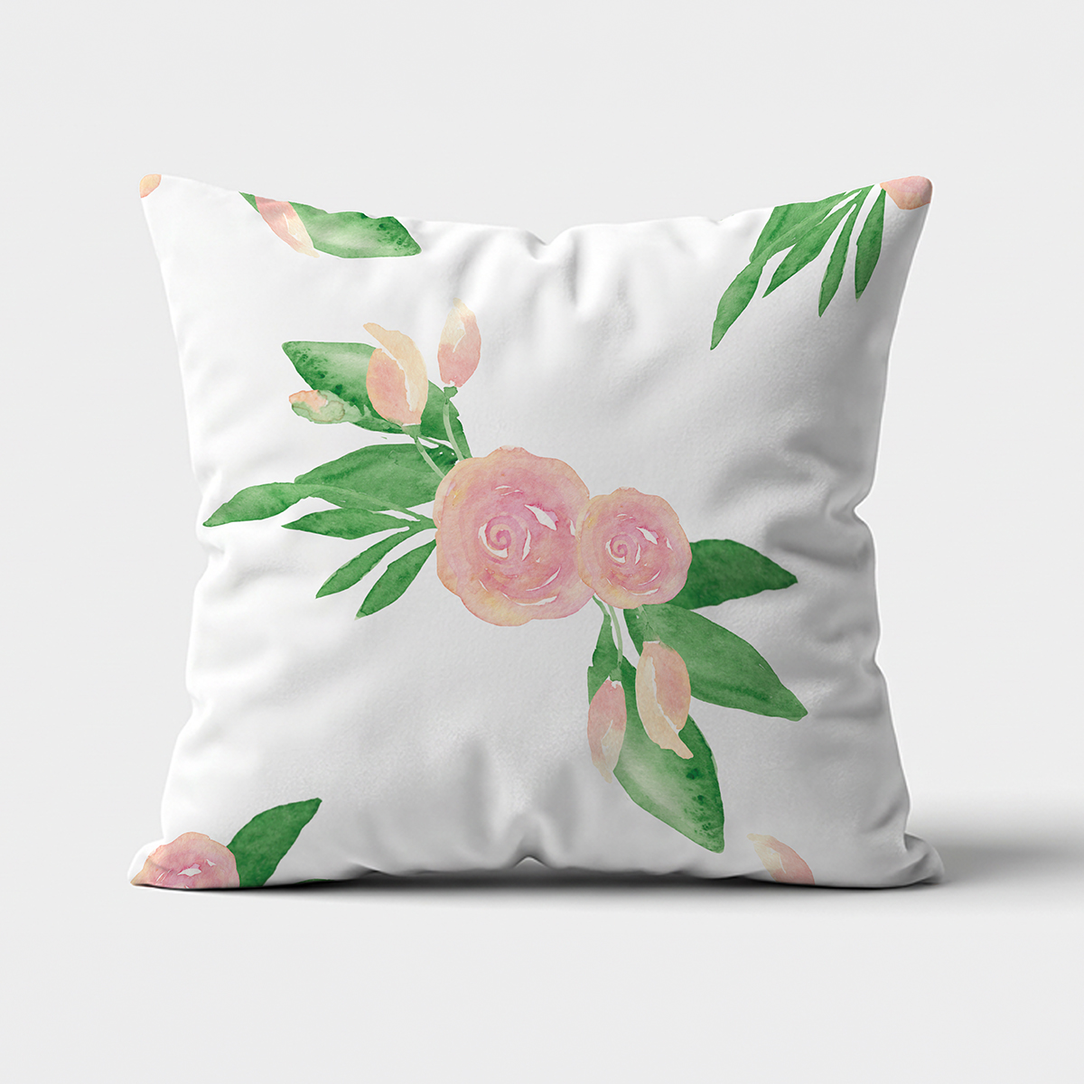 Przód poduszki z akwarelowym motywem róż i zielonych liści na białym tle