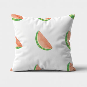 Biała poduszka dekoracyjna z motywem akwarelowych plasterków arbuza na froncie