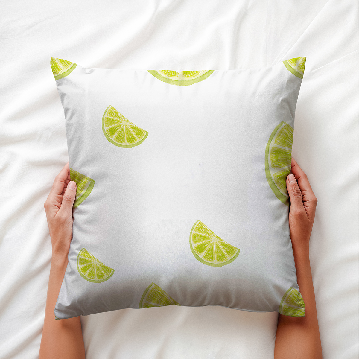 dłoń trzyma poduszkę z motywem limonkowych plasterków na białej pościeli