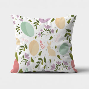 Poduszka z pastelowym wzorem pisanek i zajączka na białym tle