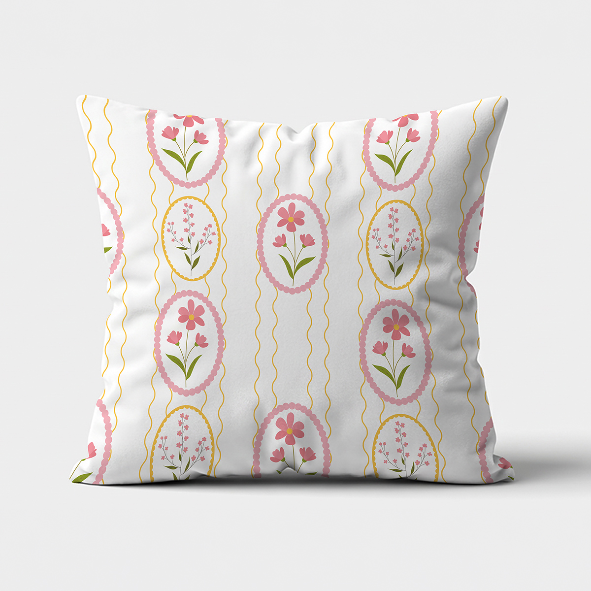 Biała dekoracyjna poduszka z motywem pastelowych pisanek ozdobionych różowymi kwiatami na centralnym ujęciu