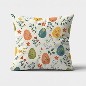 Front poduszki z motywem pisanek i listków na kremowym tle