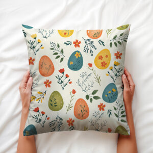 Osoba trzymająca poduszkę z kolorowymi pisankami i drobnymi kwiatami