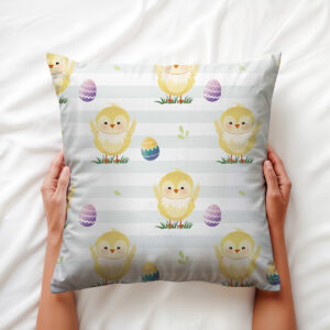 Zbliżenie na radosne kurczaczki i dekoracyjne pisanki w pastelowych kolorach