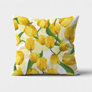 Poduszka z wzorem żółtych tulipanów na białym tle, ujęcie frontowe